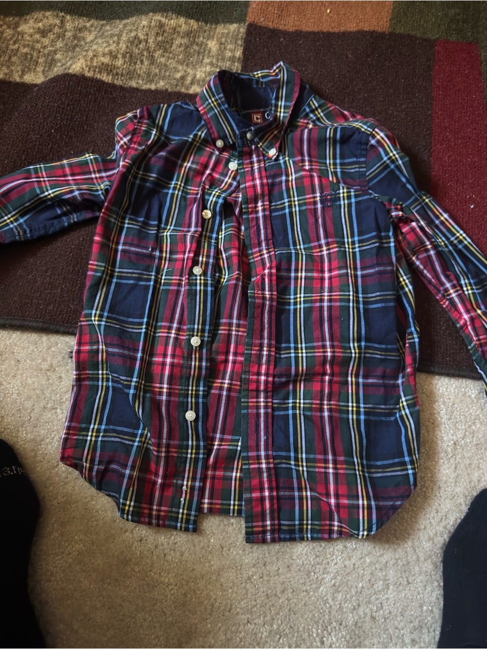 Chaps Boys Plaid Button-Down Shirt in Navy, Red & Yellow